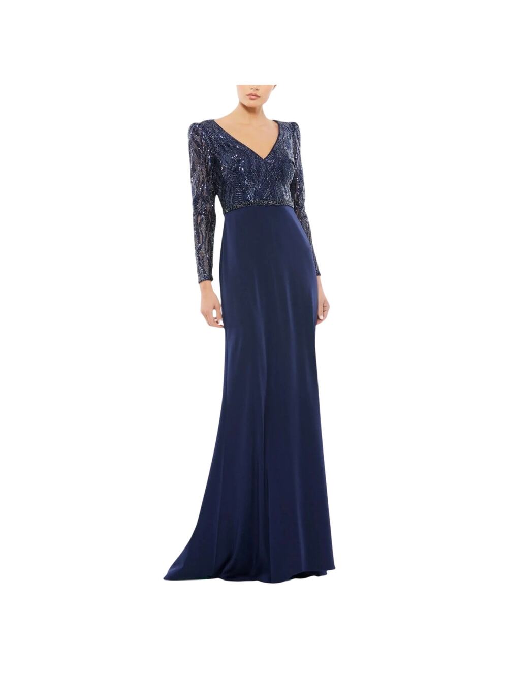 Mac Duggal 67887 Blue Evening Gown Sequined Long Sleeve A-Line Dress Size 10